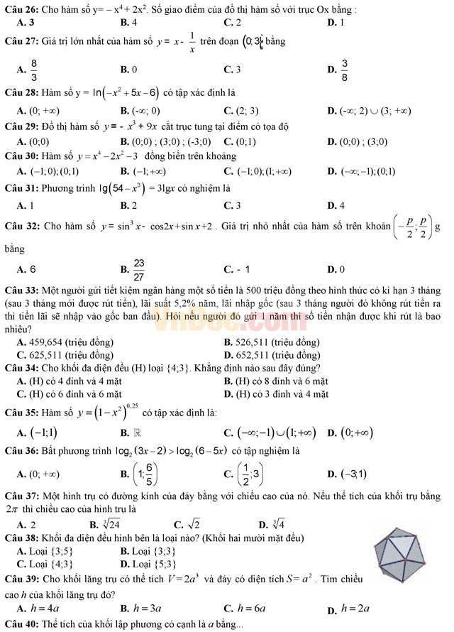 Đề thi học kì 1 môn Toán lớp 12 có đáp án
