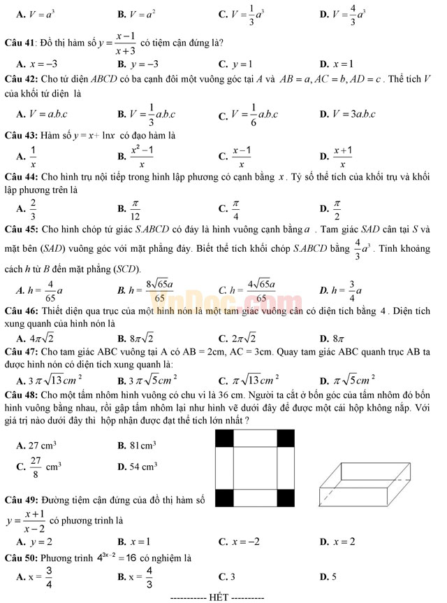 Đề thi học kì 1 môn Toán lớp 12 có đáp án