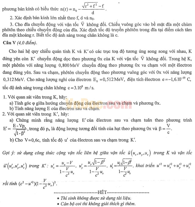 Đề thi học sinh giỏi quốc gia THPT môn Vật lý năm 2017 (Ngày 5/1/2017)