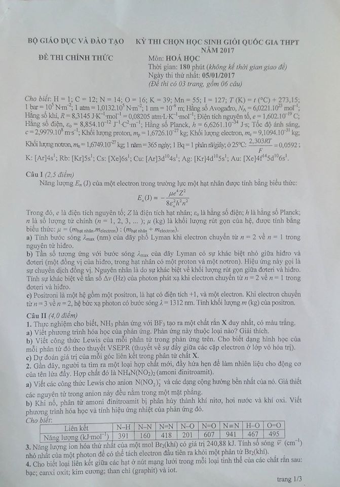 Đề thi học sinh giỏi quốc gia THPT môn Hóa học năm 2017 (Ngày thứ nhất)