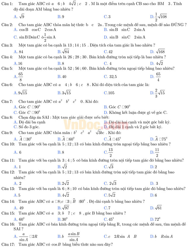 Bài tập trắc nghiệm hệ thức lượng trong tam giác Bài tập trắc nghiệm hệ thức lượng trong tam giác