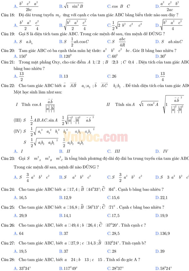 Bài tập trắc nghiệm hệ thức lượng trong tam giác Bài tập trắc nghiệm hệ thức lượng trong tam giác