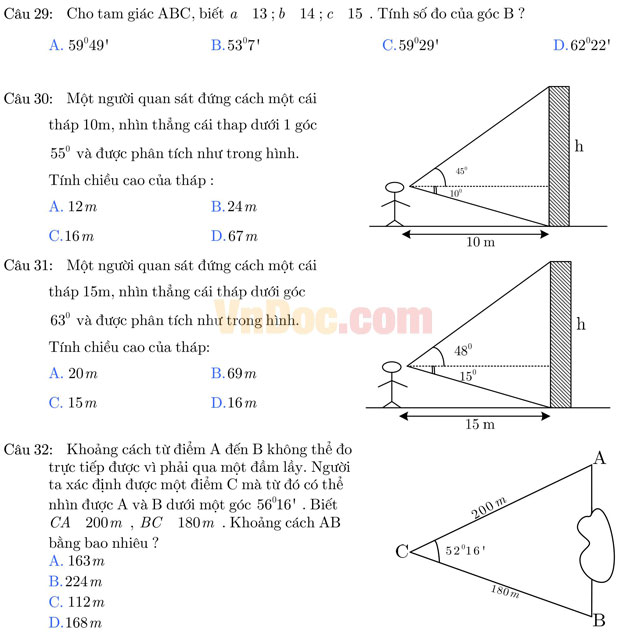 Bài tập trắc nghiệm hệ thức lượng trong tam giác Bài tập trắc nghiệm hệ thức lượng trong tam giác