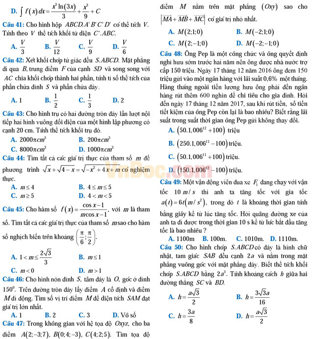 Đề thi thử THPT Quốc gia năm 2017 môn Toán trắc nghiệm có đáp án