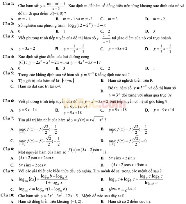 Đề thi thử THPT Quốc gia năm 2017 môn Toán trắc nghiệm trường
