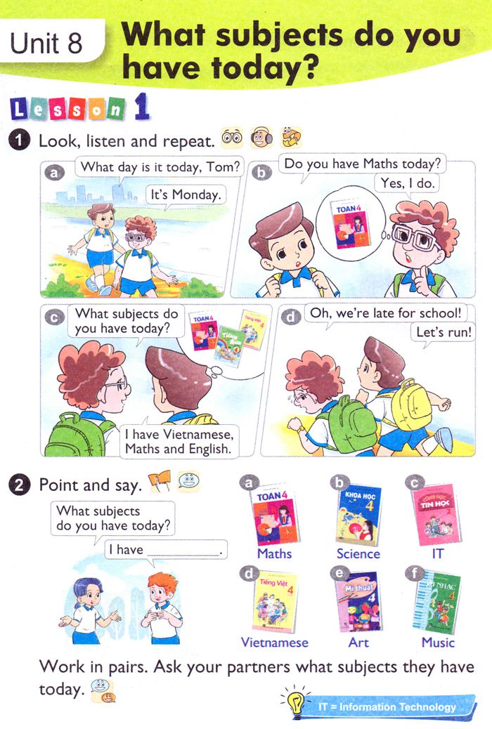 Tiếng anh lớp 4 unit 8 lesson 1 What subjects do you have today? Tiếng Anh Lớp 4: UNIT 8 WHAT SUBJECTS DO YOU HAVE TO DAY?