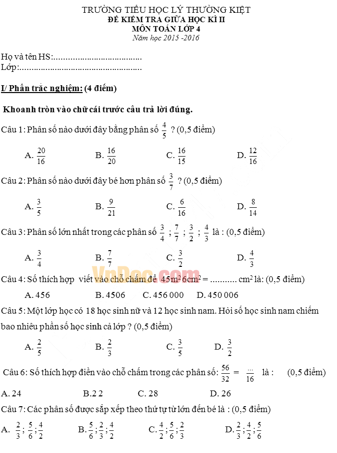 Đề kiểm tra giữa học kì 2 môn Toán lớp 4 Đề thi giữa học kì 2 môn Toán lớp 4