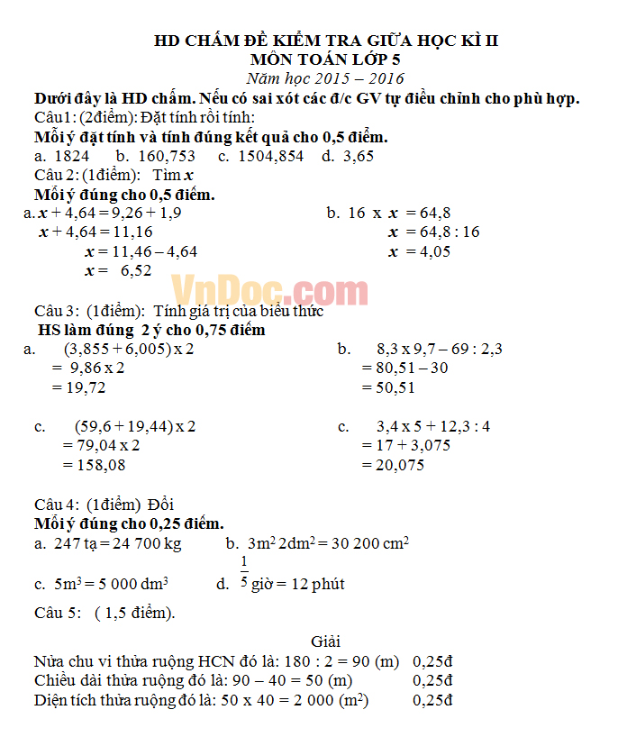 Đề thi giữa học kì 2 môn Toán lớp 5