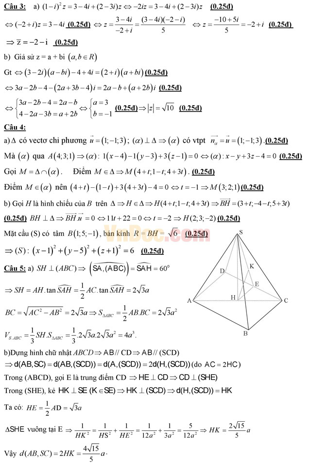Đề thi học kì 2 môn Toán lớp 12 có đáp án