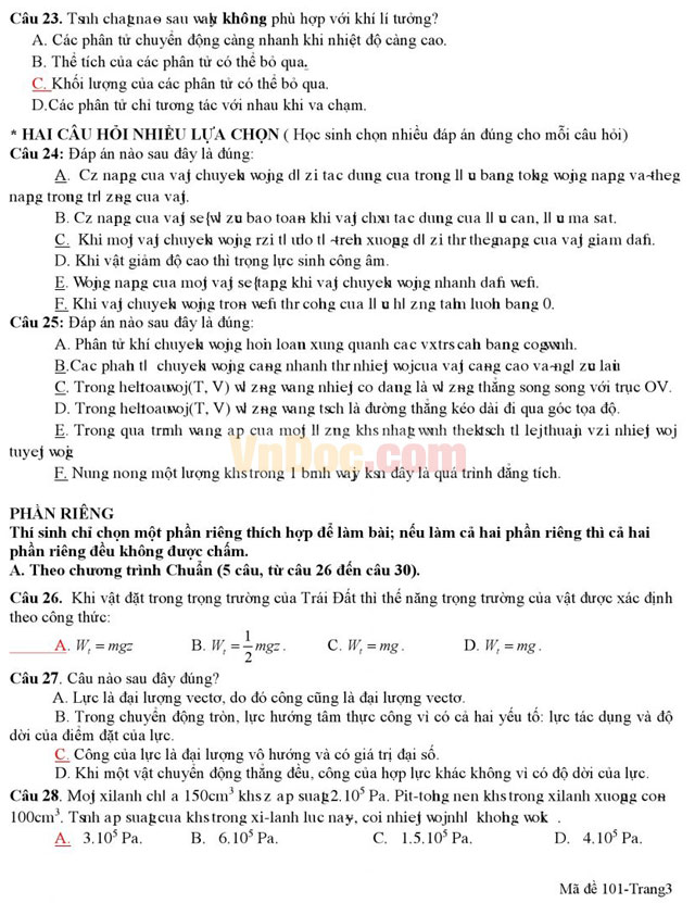 Đề thi giữa học kì 2 môn Vật lý lớp 10 có đáp án