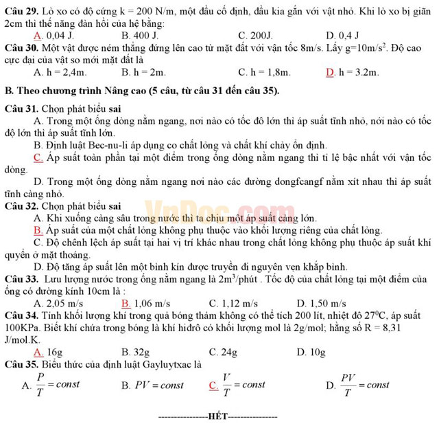 Đề thi giữa học kì 2 môn Vật lý lớp 10 có đáp án
