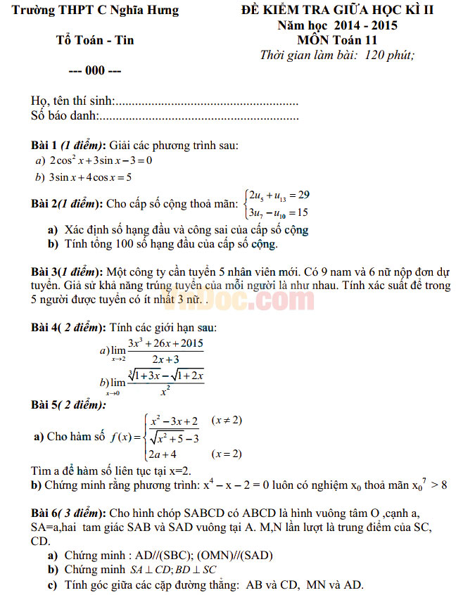 Đề thi giữa học kì 2 môn Toán lớp 11 trường THPT C Nghĩa Hưng, Nam Định năm học 2014 - 2015 Đề thi giữa học kì 2 môn Toán lớp 11 có đáp án