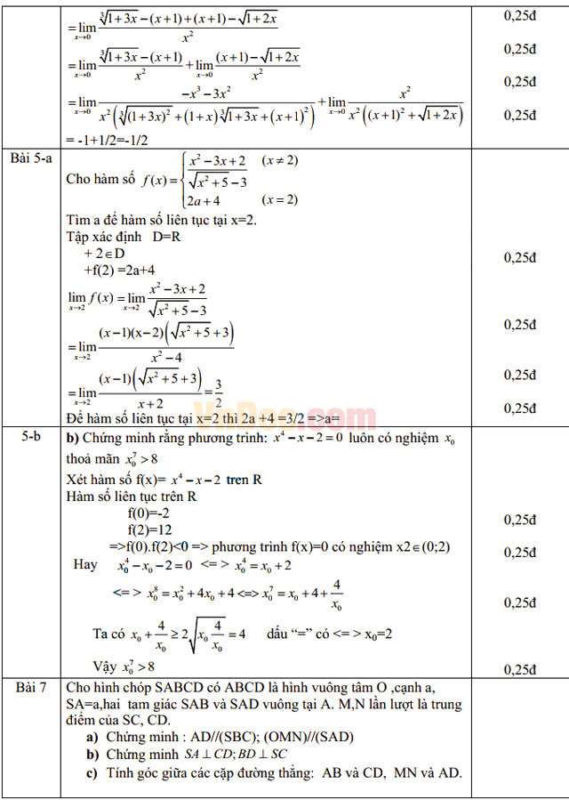Đề thi giữa học kì 2 môn Toán lớp 11 trường THPT C Nghĩa Hưng, Nam Định năm học 2014 - 2015 Đề thi giữa học kì 2 môn Toán lớp 11 có đáp án
