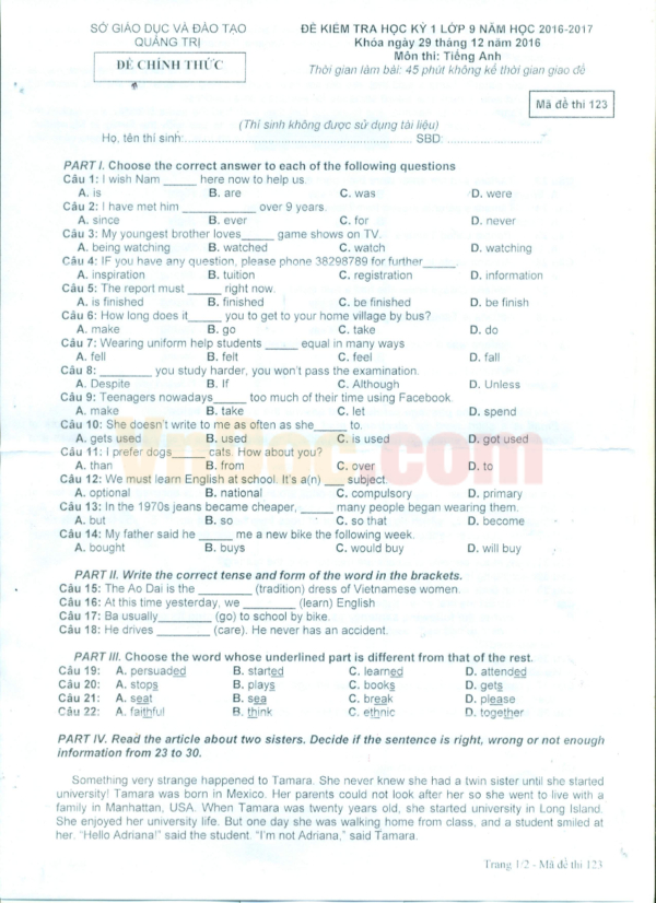 Đề kiểm tra tiếng Anh lớp 9 ( có đáp án) Đề kiểm tra học kì 1 môn tiếng Anh lớp 9 có đáp án