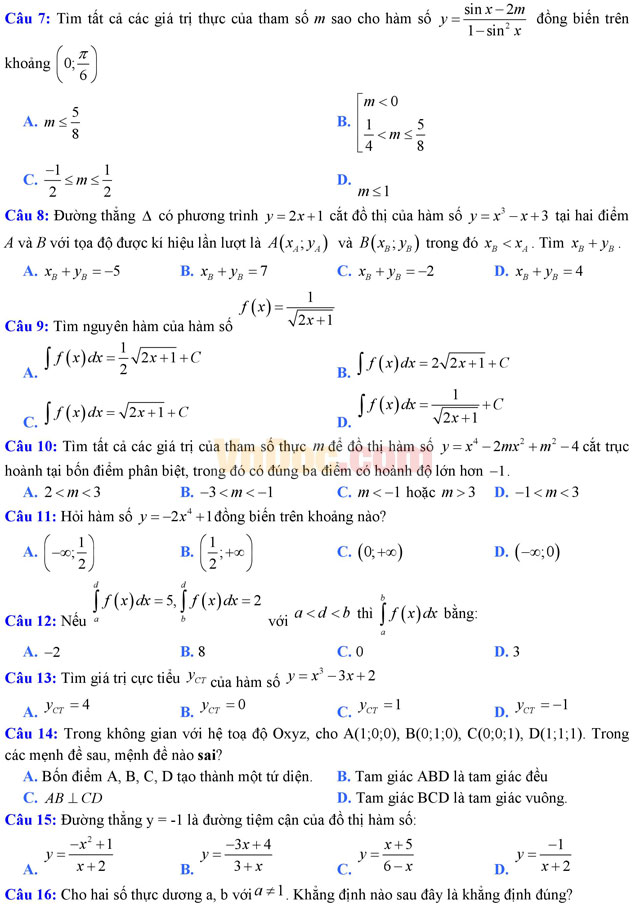 Đề thi thử THPT Quốc gia năm 2017 môn Toán trắc nghiệm trường THPT Thạch Thành 1, Thanh Hóa (Lần 2) Đề thi thử THPT Quốc gia năm 2017 môn Toán trắc nghiệm có đáp án
