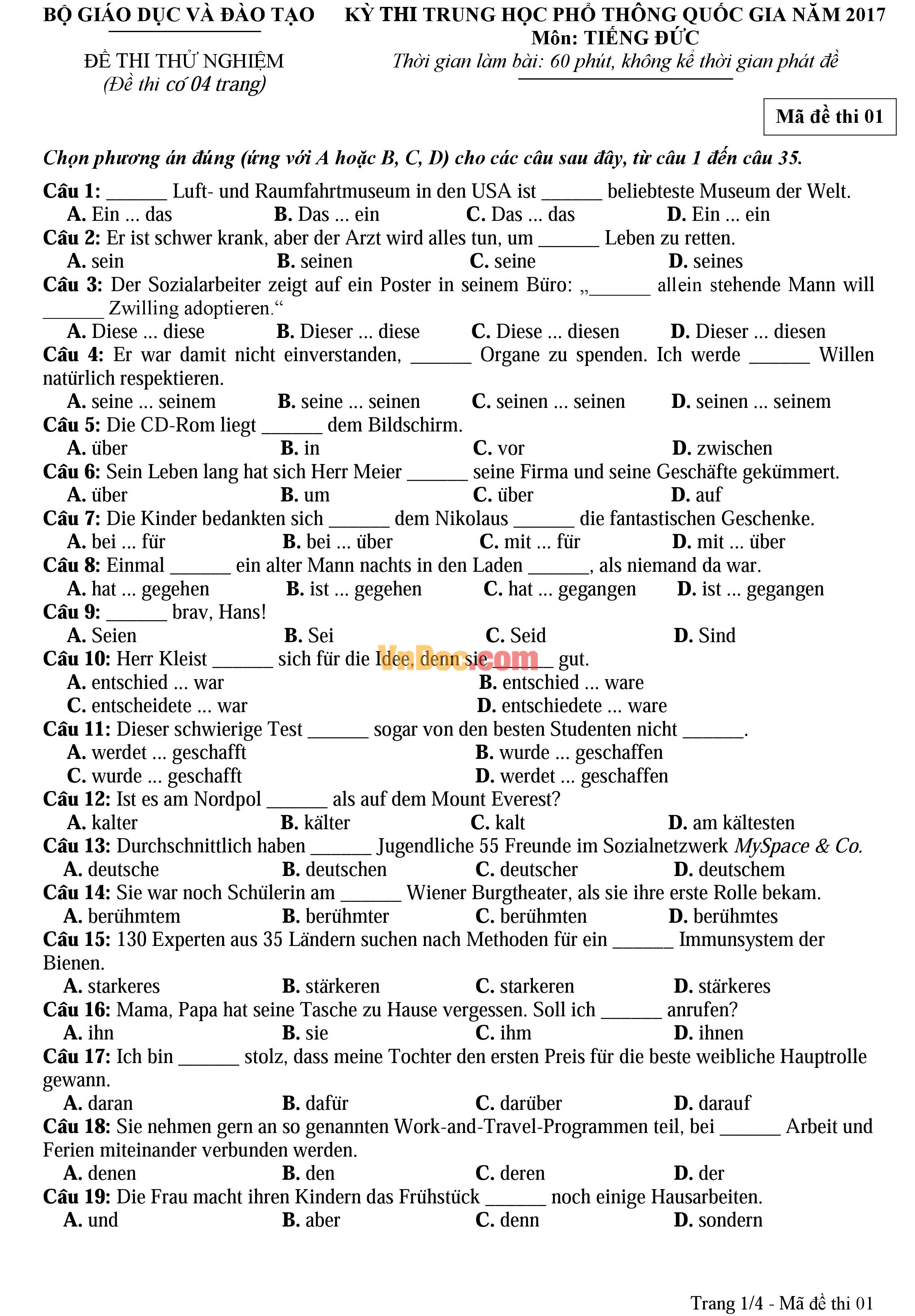 Đề thi thử nghiệm kỳ thi THPT Quốc gia 2017 môn Tiếng Đức