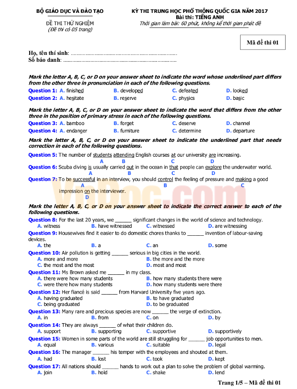 14 đề thi thử nghiệm kỳ thi THPT quốc gia 2017