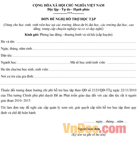 Mẫu đơn đề nghị hỗ trợ học tập