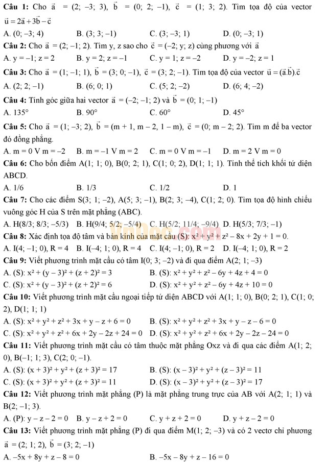 Bài tập trắc nghiệm tọa độ trong không gian (Phần 1) Bài tập trắc nghiệm tọa độ trong không gian (Phần 1)