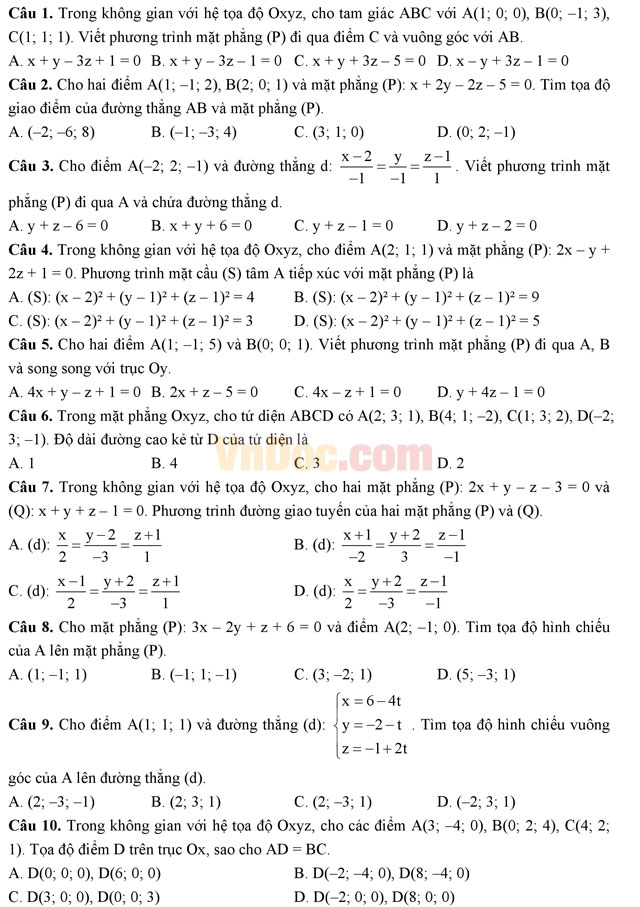 Bài tập trắc nghiệm tọa độ trong không gian (Phần 2)