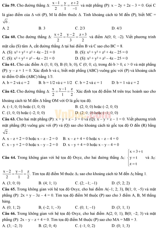 Bài tập trắc nghiệm tọa độ trong không gian (Phần 2)