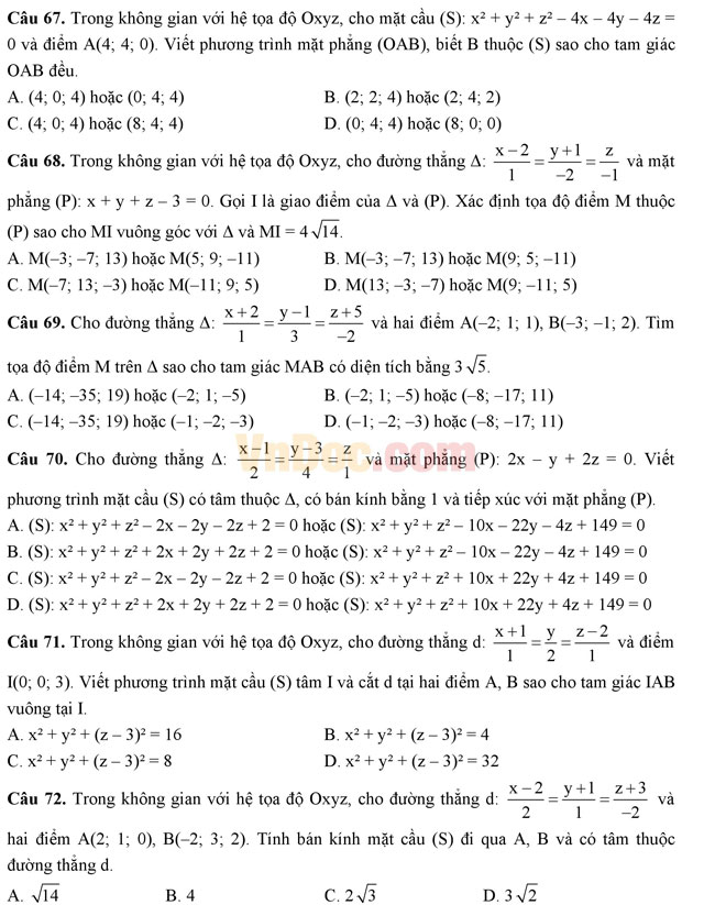 Bài tập trắc nghiệm tọa độ trong không gian (Phần 2)