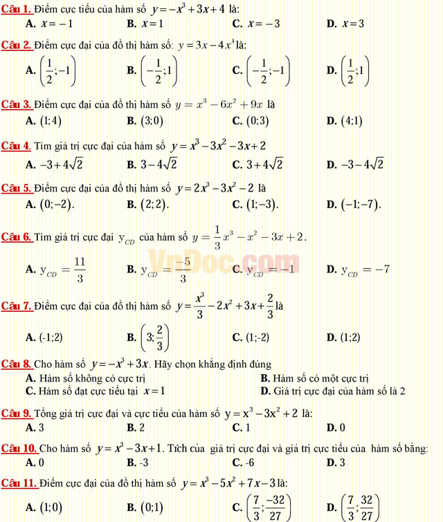Câu hỏi trắc nghiệm môn Toán lớp 12: Cực trị của hàm số Câu hỏi trắc nghiệm môn Toán lớp 12: Cực trị của hàm số