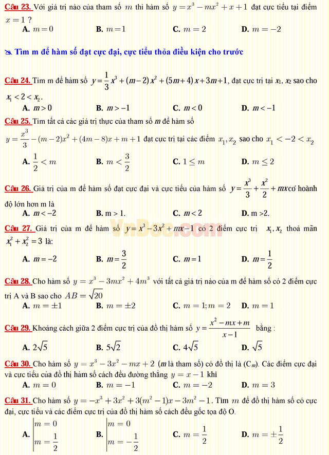 Câu hỏi trắc nghiệm môn Toán lớp 12: Cực trị của hàm số Câu hỏi trắc nghiệm môn Toán lớp 12: Cực trị của hàm số