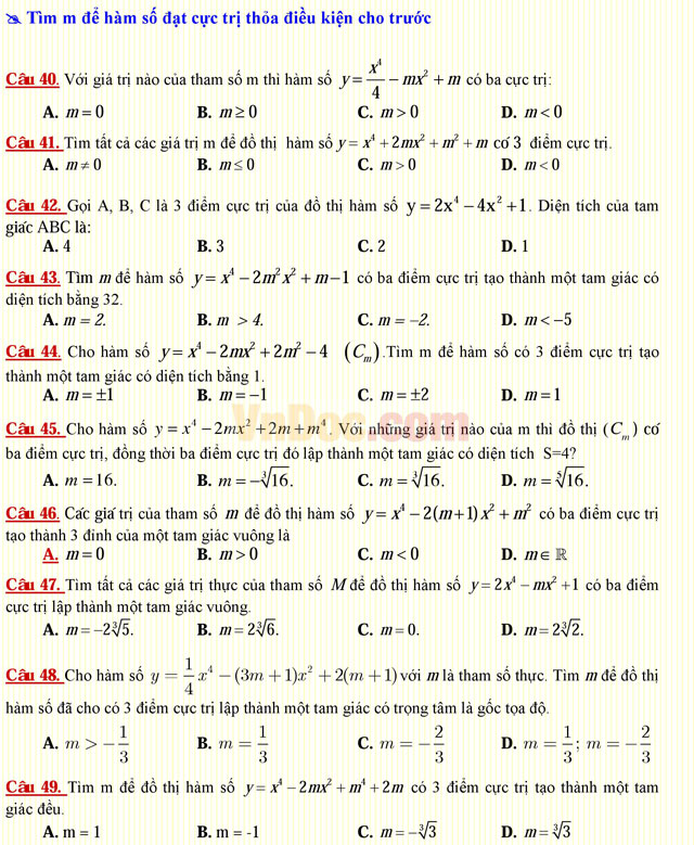 Câu hỏi trắc nghiệm môn Toán lớp 12: Cực trị của hàm số Câu hỏi trắc nghiệm môn Toán lớp 12: Cực trị của hàm số