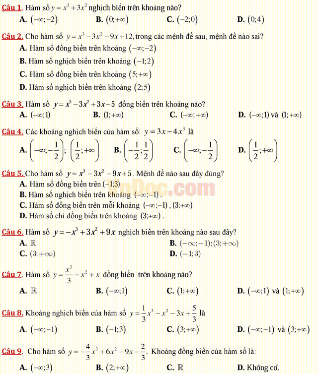 Câu hỏi trắc nghiệm môn Toán lớp 12: Sự đồng biến, nghịch biến của hàm số Câu hỏi trắc nghiệm môn Toán lớp 12: Sự đồng biến, nghịch biến của hàm số