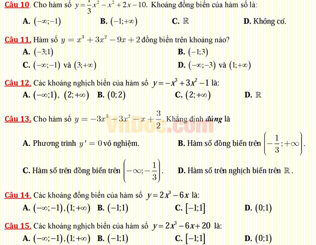 Câu hỏi trắc nghiệm môn Toán lớp 12: Sự đồng biến, nghịch biến của hàm số Câu hỏi trắc nghiệm môn Toán lớp 12: Sự đồng biến, nghịch biến của hàm số