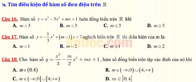 Câu hỏi trắc nghiệm môn Toán lớp 12: Sự đồng biến, nghịch biến của hàm số Câu hỏi trắc nghiệm môn Toán lớp 12: Sự đồng biến, nghịch biến của hàm số