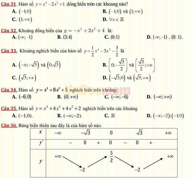 Câu hỏi trắc nghiệm môn Toán lớp 12: Sự đồng biến, nghịch biến của hàm số Câu hỏi trắc nghiệm môn Toán lớp 12: Sự đồng biến, nghịch biến của hàm số