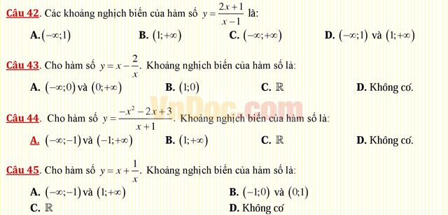 Câu hỏi trắc nghiệm môn Toán lớp 12: Sự đồng biến, nghịch biến của hàm số Câu hỏi trắc nghiệm môn Toán lớp 12: Sự đồng biến, nghịch biến của hàm số