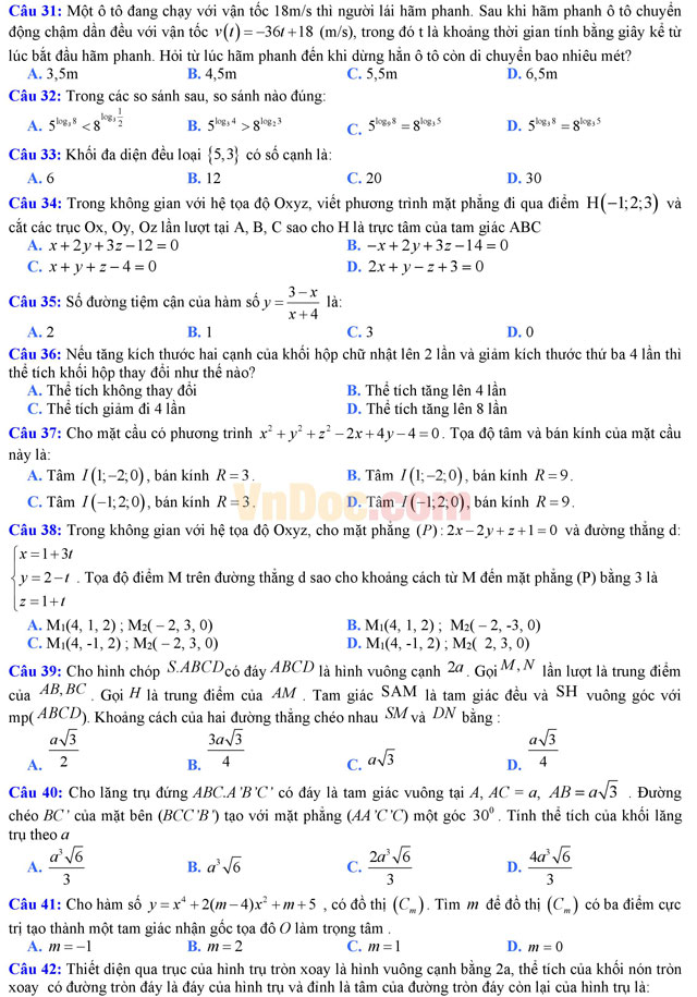 Đề thi thử THPT Quốc gia năm 2017 môn Toán trắc nghiệm trường THPT Thanh Miện, Hải Dương (Lần 1) Đề thi thử THPT Quốc gia năm 2017 môn Toán trắc nghiệm có đáp án