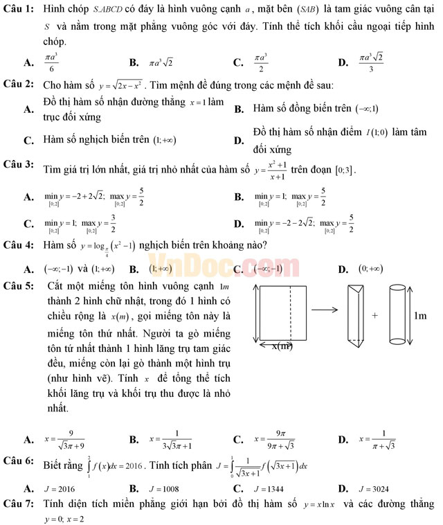 Đề thi thử THPT Quốc gia năm 2017 môn Toán trắc nghiệm trường THPT Nguyễn Đăng Đạo, Bắc Ninh (Lần 2) Đề thi thử THPT Quốc gia năm 2017 môn Toán trắc nghiệm có đáp án