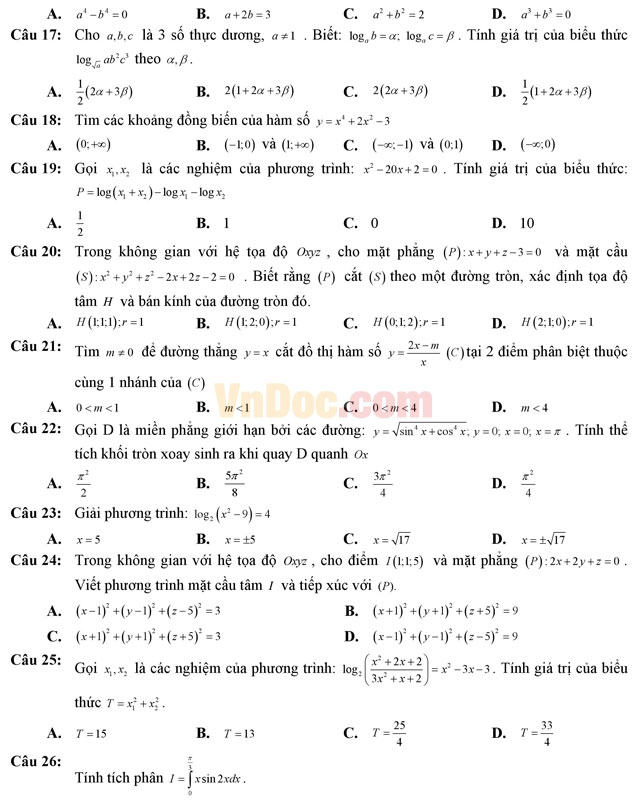 Đề thi thử THPT Quốc gia năm 2017 môn Toán trắc nghiệm trường THPT Nguyễn Đăng Đạo, Bắc Ninh (Lần 2) Đề thi thử THPT Quốc gia năm 2017 môn Toán trắc nghiệm có đáp án