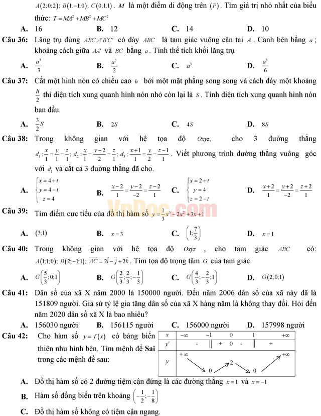 Đề thi thử THPT Quốc gia năm 2017 môn Toán trắc nghiệm trường THPT Nguyễn Đăng Đạo, Bắc Ninh (Lần 2) Đề thi thử THPT Quốc gia năm 2017 môn Toán trắc nghiệm có đáp án