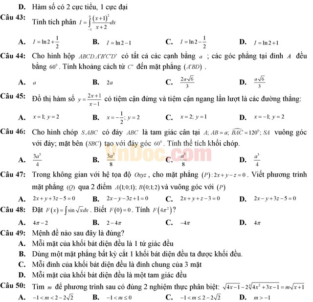 Đề thi thử THPT Quốc gia năm 2017 môn Toán trắc nghiệm trường THPT Nguyễn Đăng Đạo, Bắc Ninh (Lần 2) Đề thi thử THPT Quốc gia năm 2017 môn Toán trắc nghiệm có đáp án