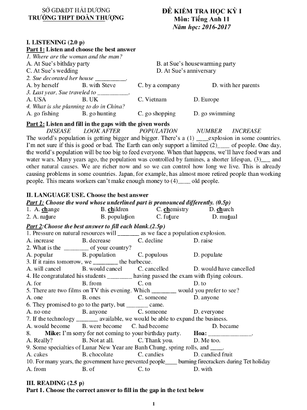 Đề thi học kỳ 1 môn tiếng Anh lớp 11 trường THPT Đoàn Thượng, Hải Dương năm học 2016 - 2017 Đề thi học kỳ 1 môn tiếng Anh lớp 11 trường THPT Đoàn Thượng, Hải Dương năm học 2016 - 2017 có đáp án