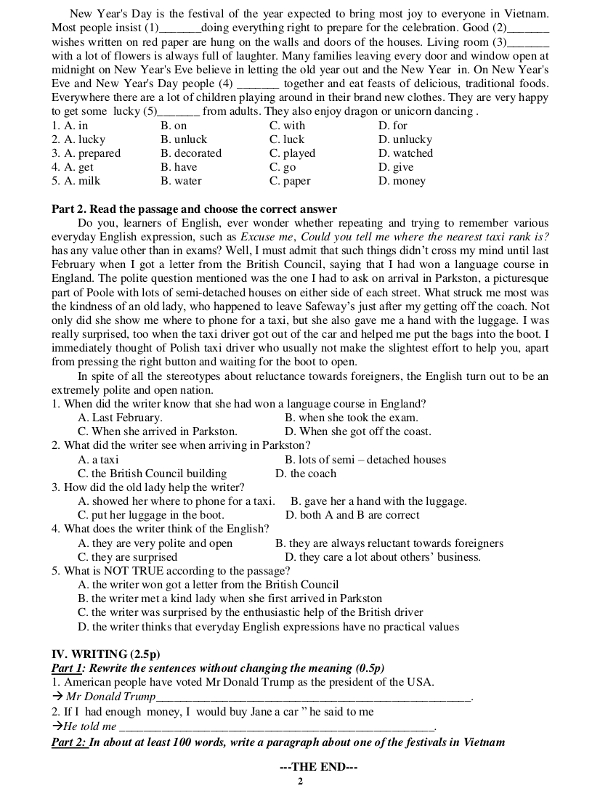 Đề thi học kỳ 1 môn tiếng Anh lớp 11 Đề thi học kỳ 1 môn tiếng Anh lớp 11 trường THPT Đoàn Thượng