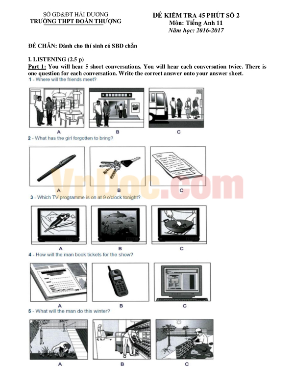 Đề kiểm tra 1 tiết môn Tiếng Anh 11