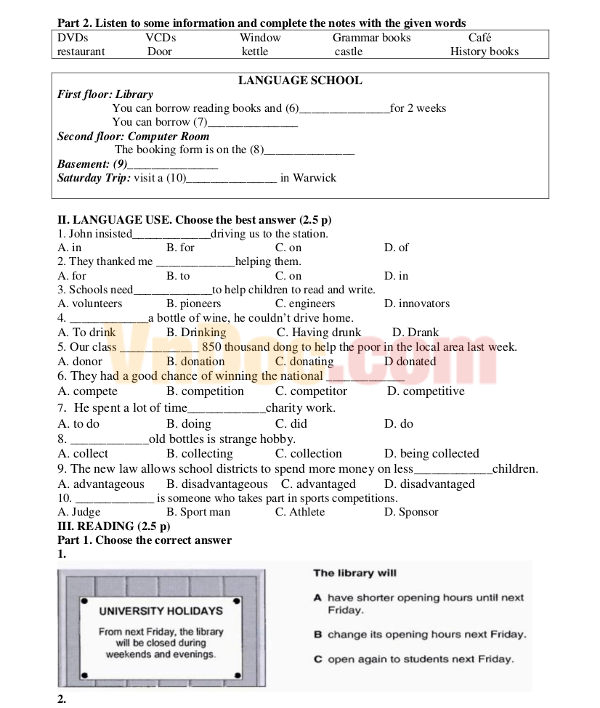 Đề kiểm tra 1 tiết môn Tiếng Anh 11 có đáp án