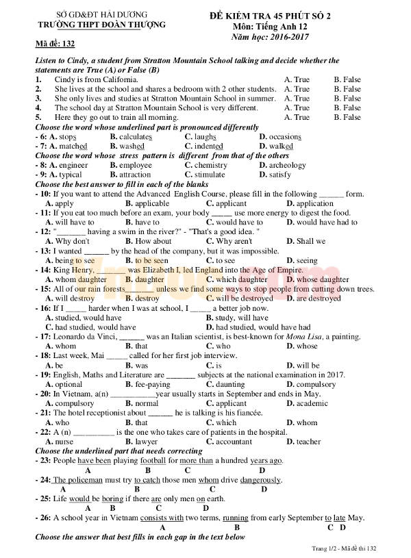 Bộ đề kiểm tra 1 tiết môn Tiếng Anh lớp 12 có đáp án Bộ đề kiểm tra 1 tiết môn Tiếng Anh lớp 12