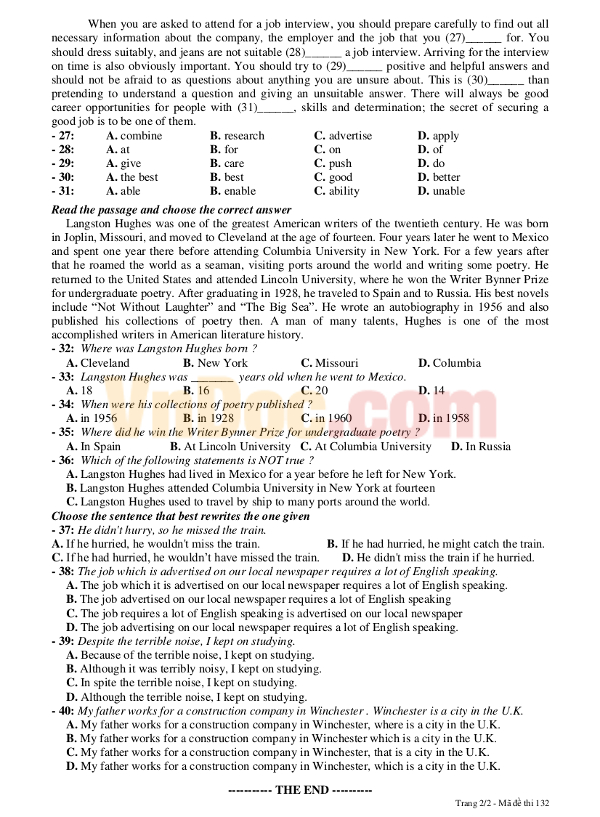 Đề kiểm tra 1 tiết lớp 12 môn Tiếng Anh Bộ đề kiểm tra 1 tiết môn Tiếng Anh lớp 12 có đáp án