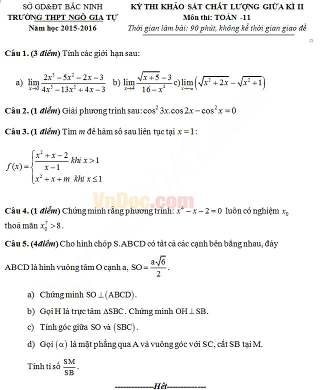 Đề thi giữa học kì 2 môn Toán lớp 11 trường THPT Ngô Gia Tự, Bắc Ninh năm học 2015 - 2016 Đề thi giữa học kì 2 môn Toán lớp 11 có đáp án