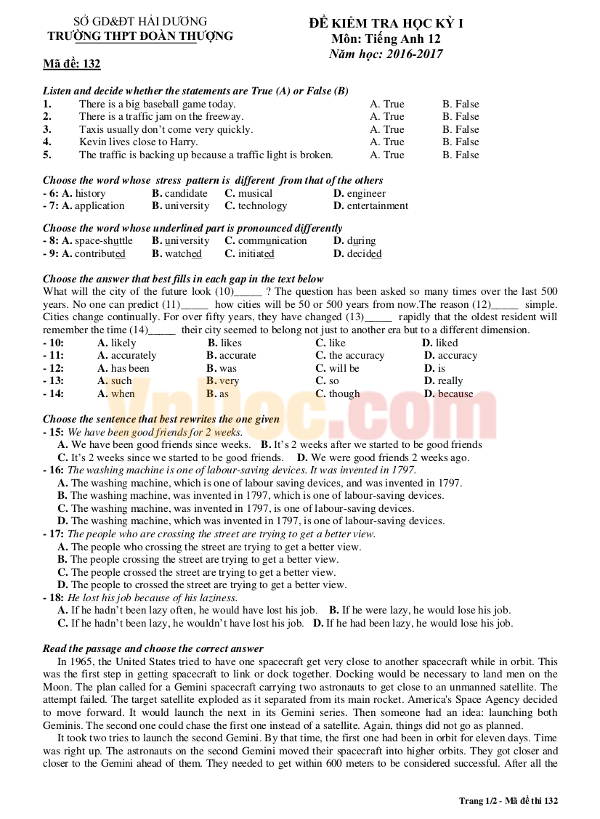 Đề kiểm tra 1 tiết lớp 12 môn Tiếng Anh năm 2016 có đáp án Đề kiểm tra 1 tiết lớp 12 môn Tiếng Anh năm 2016