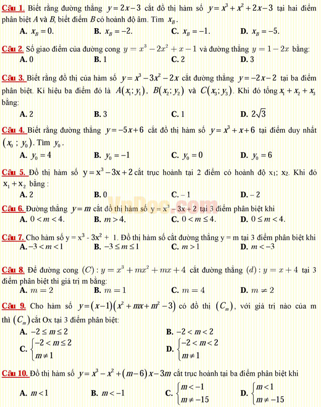 Câu hỏi trắc nghiệm môn Toán lớp 12: Bài toán tương giao Câu hỏi trắc nghiệm môn Toán lớp 12: Bài toán tương giao