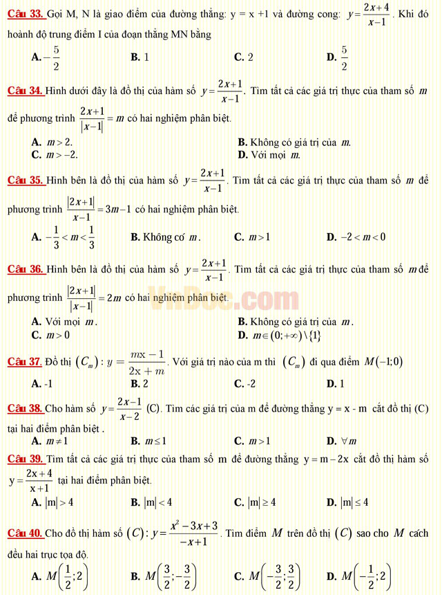 Câu hỏi trắc nghiệm môn Toán lớp 12: Bài toán tương giao Câu hỏi trắc nghiệm môn Toán lớp 12: Bài toán tương giao