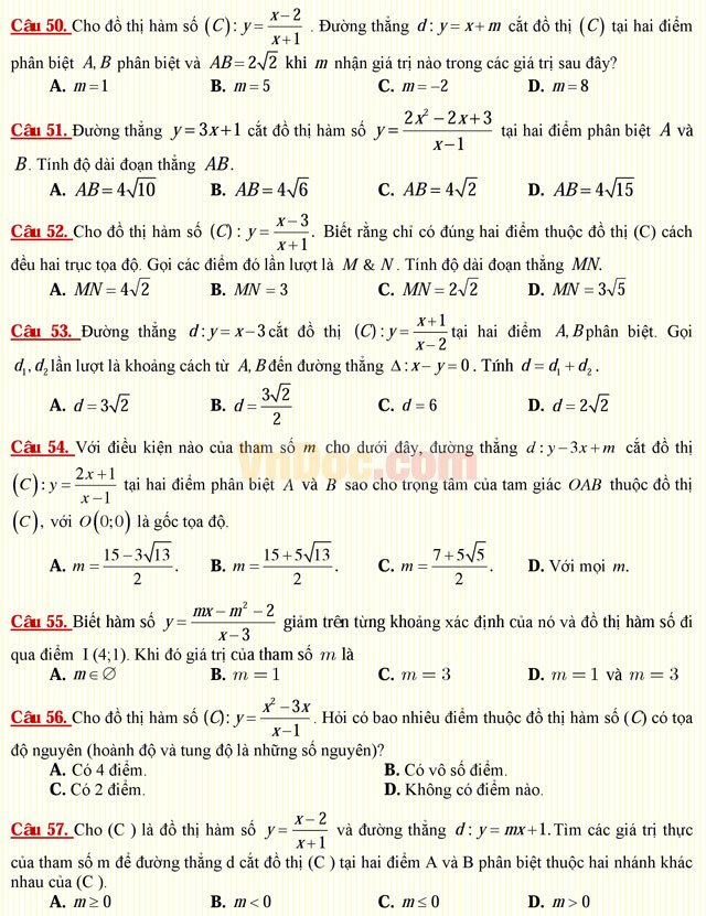 Câu hỏi trắc nghiệm môn Toán lớp 12: Bài toán tương giao Câu hỏi trắc nghiệm môn Toán lớp 12: Bài toán tương giao